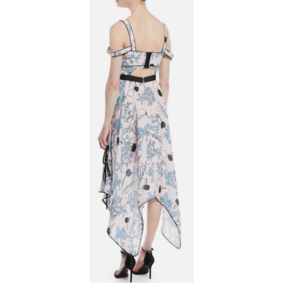 Self Portrait Asymmetric Pink Floral Print Midi A Line Dress, size 10 - Picture 14 of 14